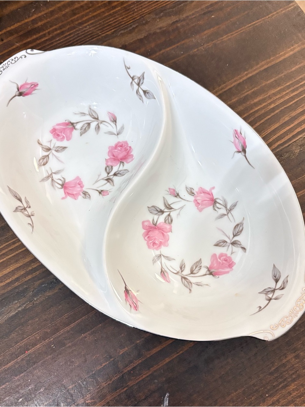 Sango White Porcelain Divided Serving Dish with Pink Rose Motif